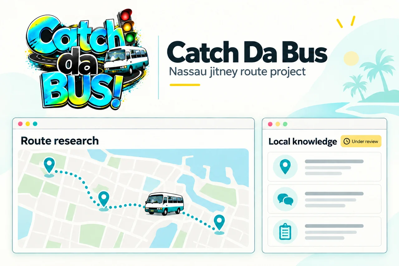 Catch Da Bus route research and local knowledge, with a schematic map and information under review.
