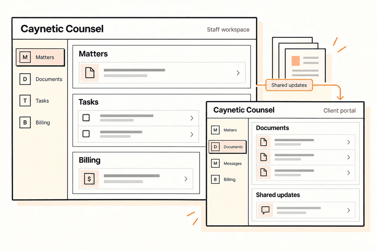 Caynetic Counsel connects the staff workspace for matters, tasks and billing with documents and updates in the client portal.