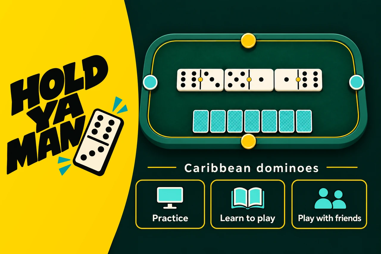 Hold Ya Man's gold logo beside a Caribbean dominoes table, with practice, lessons and private games with friends.