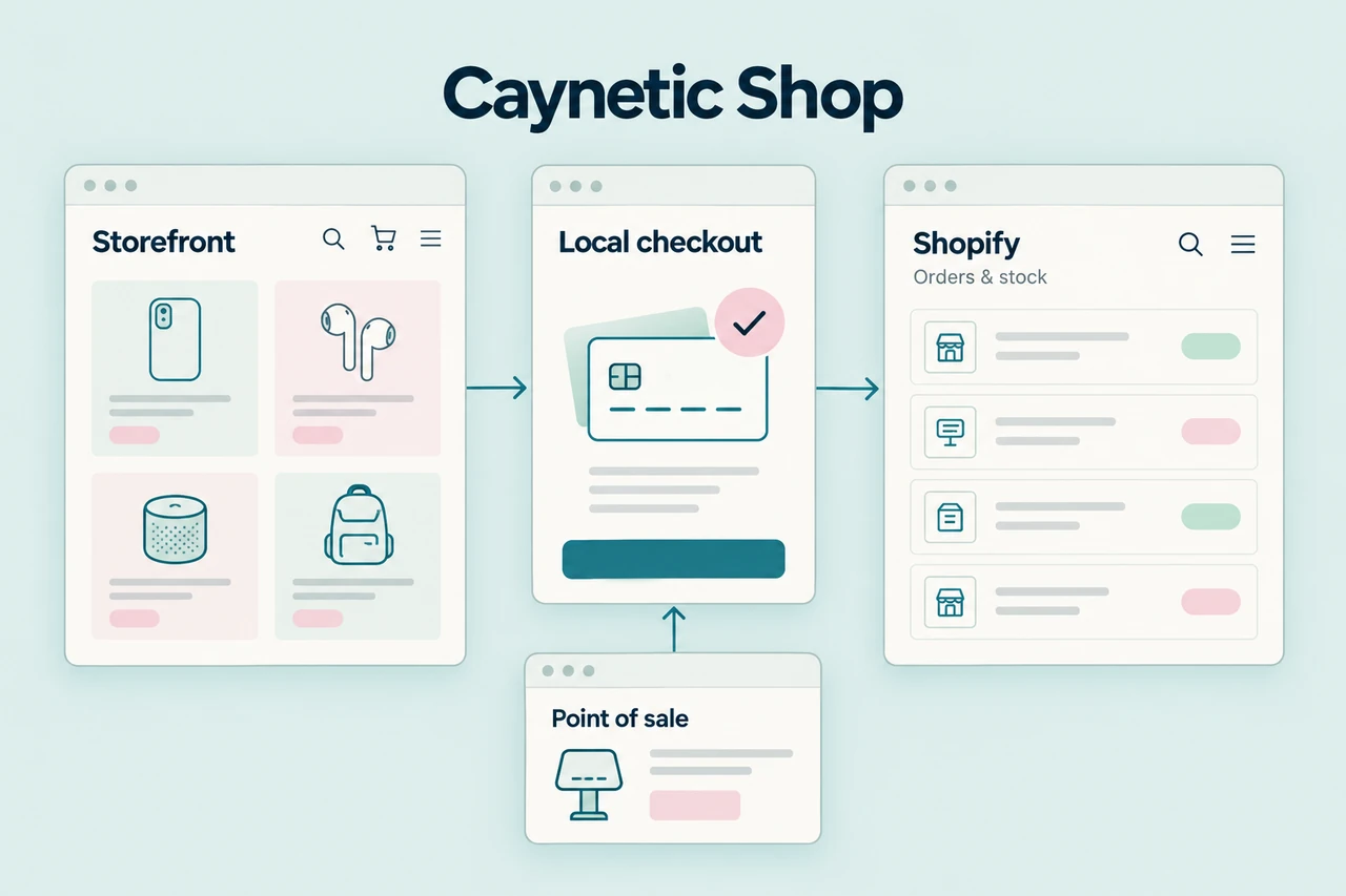 Caynetic Shop connects a storefront and point of sale through local checkout to Shopify orders and stock.